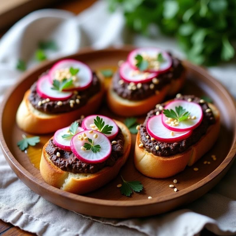 Tostadas de Pan de Centeno con Hummus de Alubias Negras y Rábanos: Aperitivo crujiente en 10 minutos