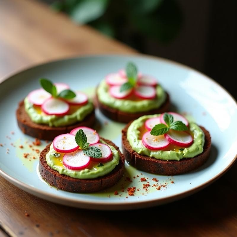 Tostadas de Pan de Centeno con Hummus de Guisantes y Rábanos: Entrante sin Gluten en 8 Minutos