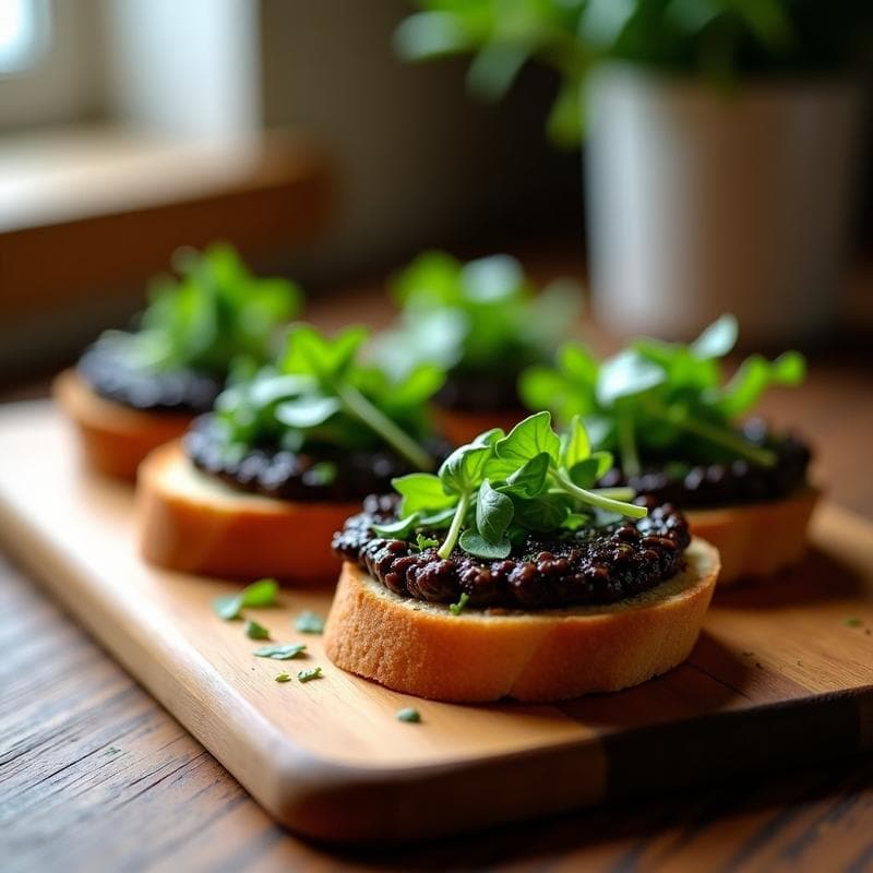 Tostadas de Pan de Centeno con Paté de Lentejas Beluga y Rúcula: Receta Alemana en Airfryer Sin Aceite