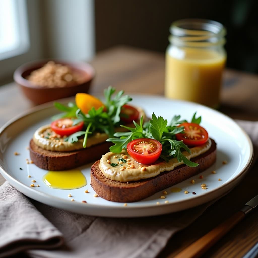 Tostadas de Pan de Centeno con Paté de Lentejas y Mostaza de Dijon: Desayuno Europeo Vegano