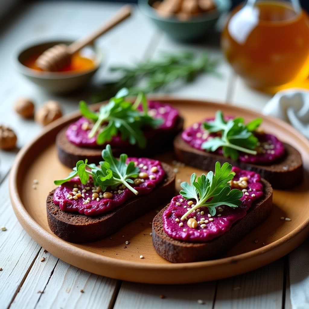 Tostadas de Pan de Centeno con Paté de Remolacha Asada y Queso de Cabra: Entrante Sin Gluten en 15 Minutos