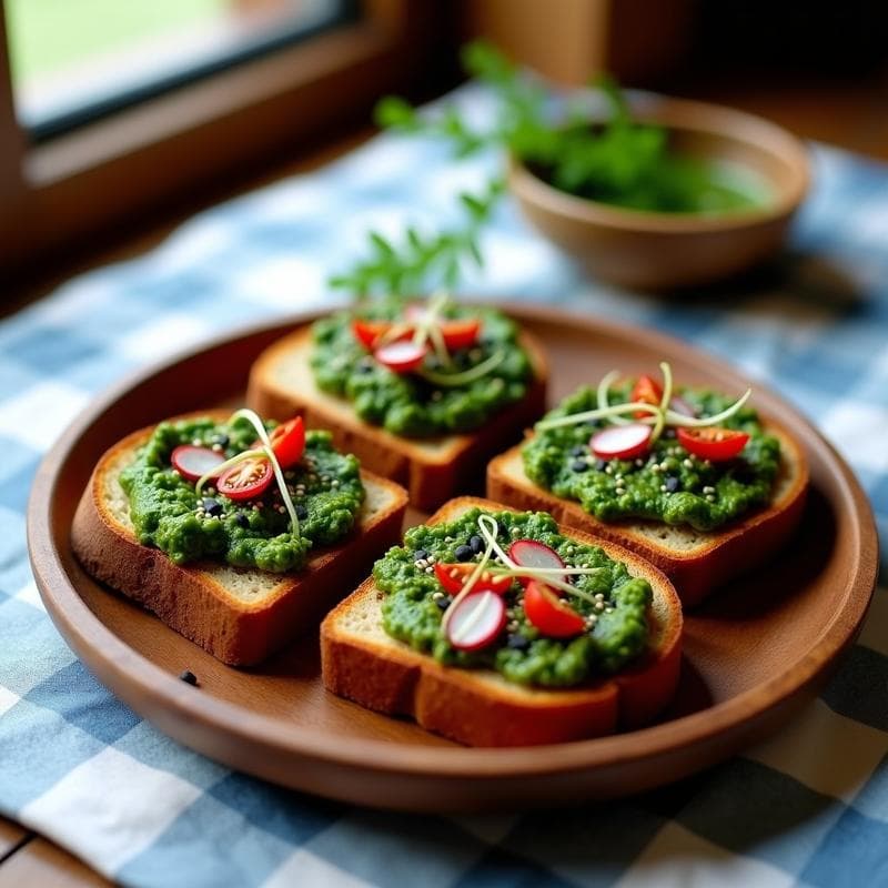 Tostadas de Pan de Centeno con Pesto de Ortigas y Tomates Secos: Entrante Alemán Vegano
