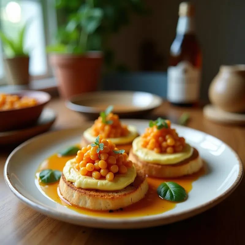 Tostadas de Pan de centeno con Puré de Garbanzos y Aceite de Oliva Picante: Desayuno Marroquí Vegano