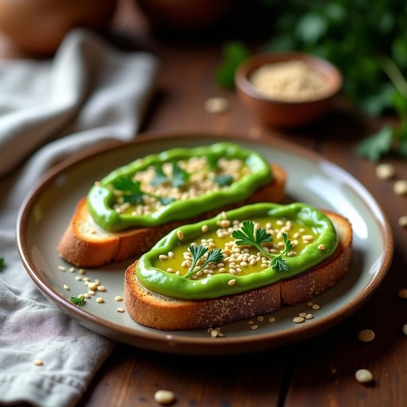 Tostadas de Pan de Centeno con Puré de Guisantes y Aceite de Trufa Negra: Desayuno Francés Elegante