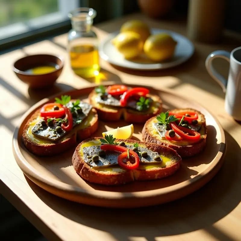 Tostadas de Pan de Centeno con Sarda en Aceite y Pimientos Asados: Desayuno portugués alto en omega-3