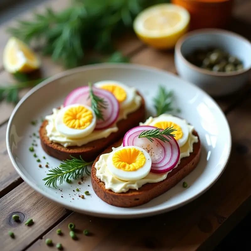 Tostadas de Pan de Centeno con Smørrebrød Danés de Arenque y Eneldo: Desayuno Nórdico