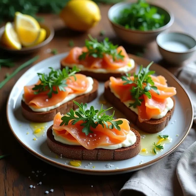 Tostadas de Pan de Centeno con Smørrebrød de Salmón y Eneldo: Receta Danesa Gourmet