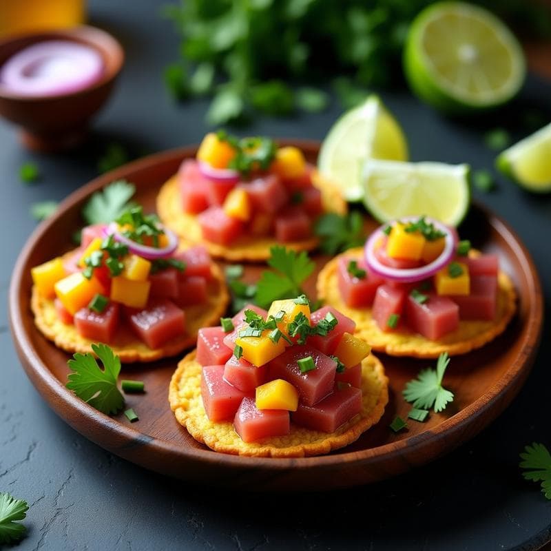 Tostadas de Ceviche de Atún con Mango Ahumado: Receta Peruana Rápida y Alta en Proteína