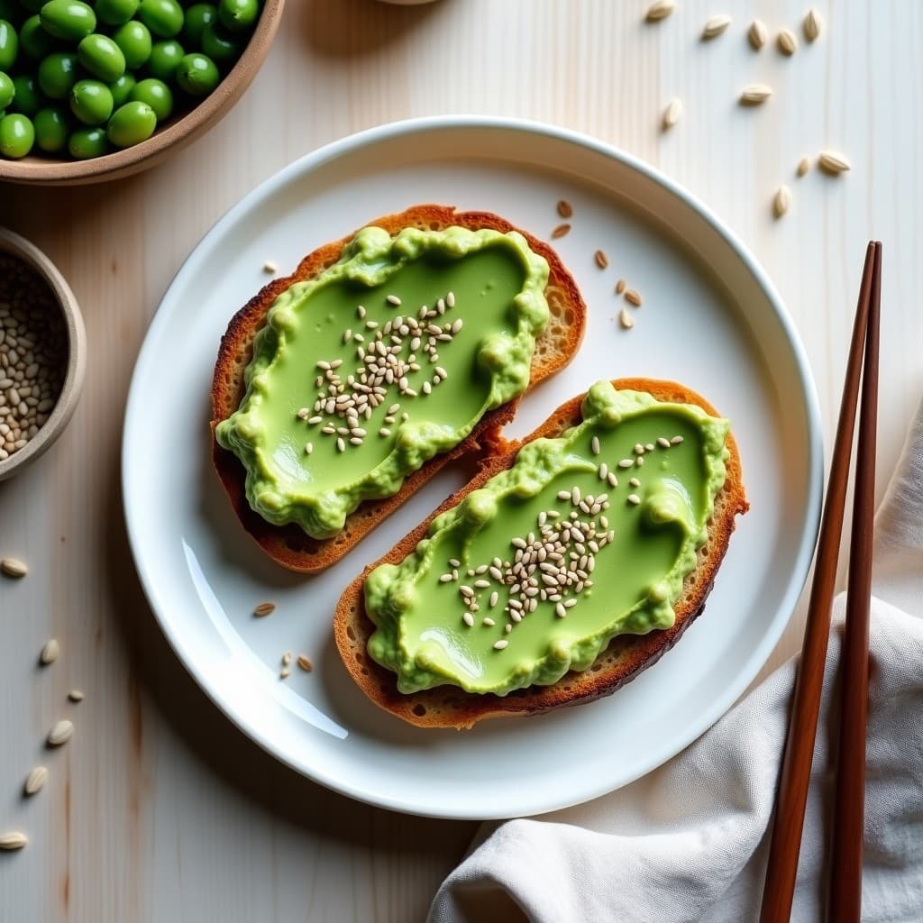 Tostadas de Pan de Semillas de Chía con Puré de Edamame y Rábano daikon: Desayuno Japones Keto