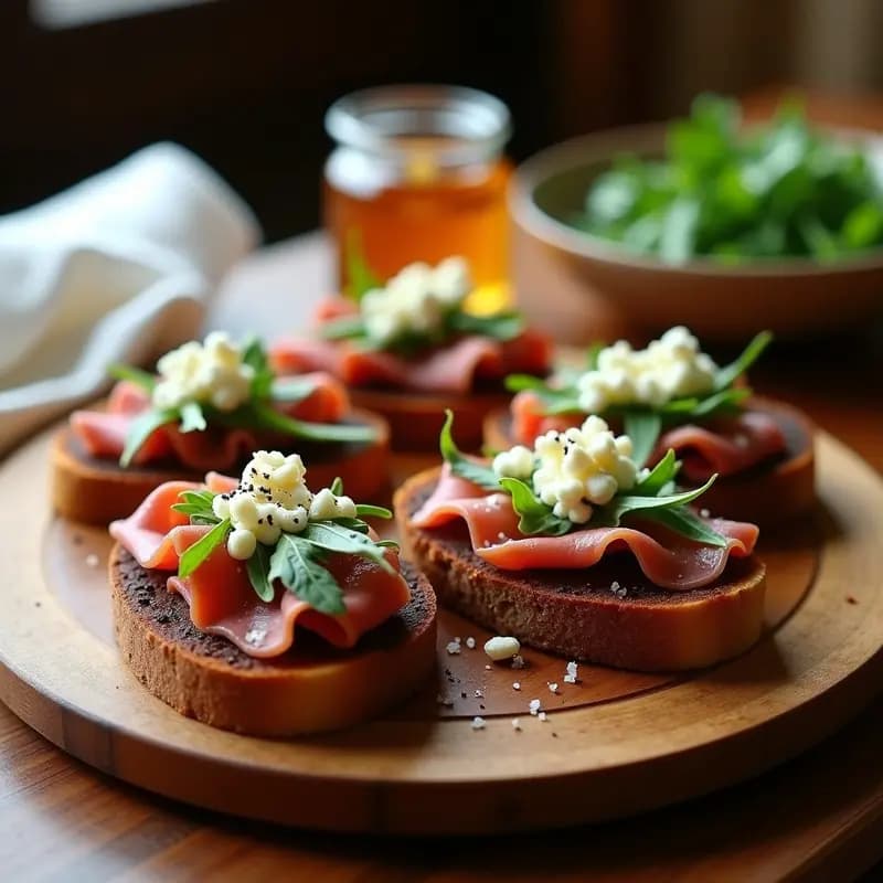 Tostadas Crujientes con Cecina y Queso de Cabra: Receta Express con Miel y Nueces en 10 Minutos