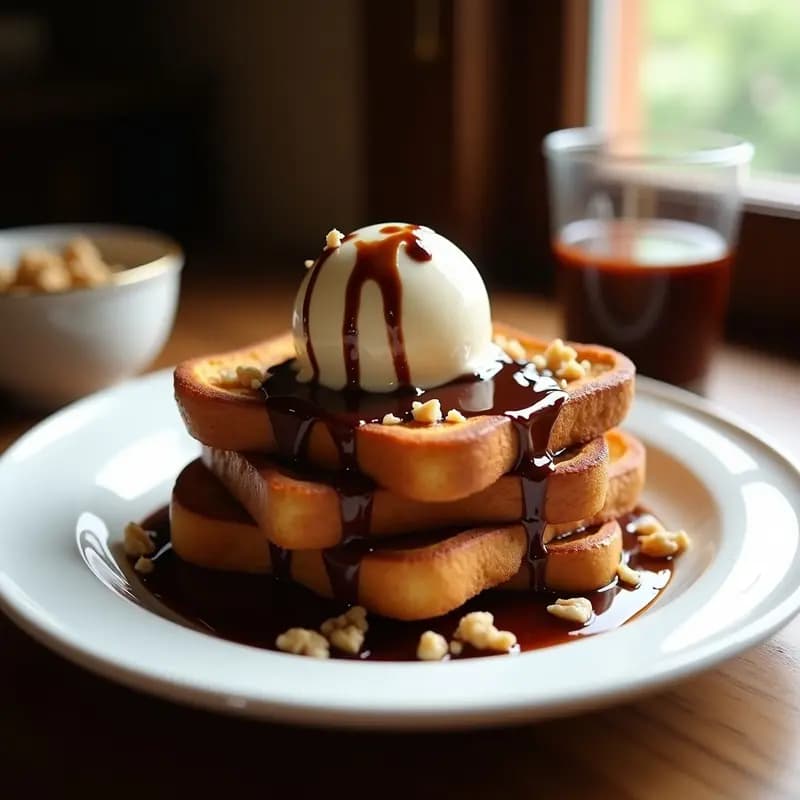 Tostadas Francesas con Helado de Vainilla y Sirope de Chocolate: Desayuno Dulce y Crujiente