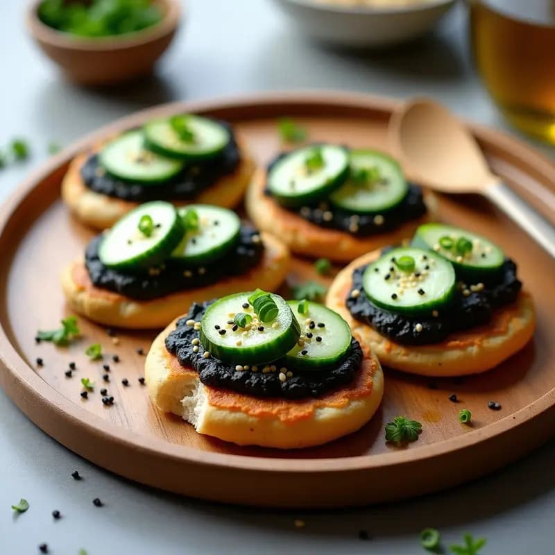 Tostadas de Hummus Negro y Pepino con Semillas de Sésamo: Aperitivo Árabe Gourmet
