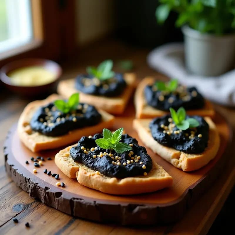 TOSTADAS DE HUMMUS NEGRO Y RÁBANO Picante: receta libanesa crudivegana en 10 minutos