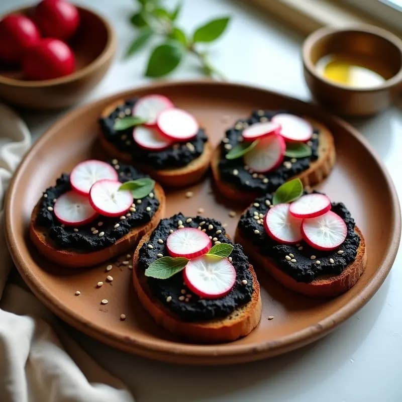 Tostadas de Hummus Negro y Rábanos: Receta Egipcia Vegana y Sin Gluten