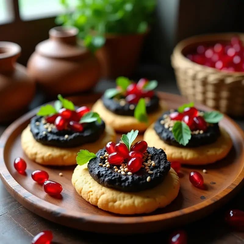 Tostadas de Pan de Injer con Hummus de Garbanzos Negros y Granados: Entrante Etiopía Gourmet