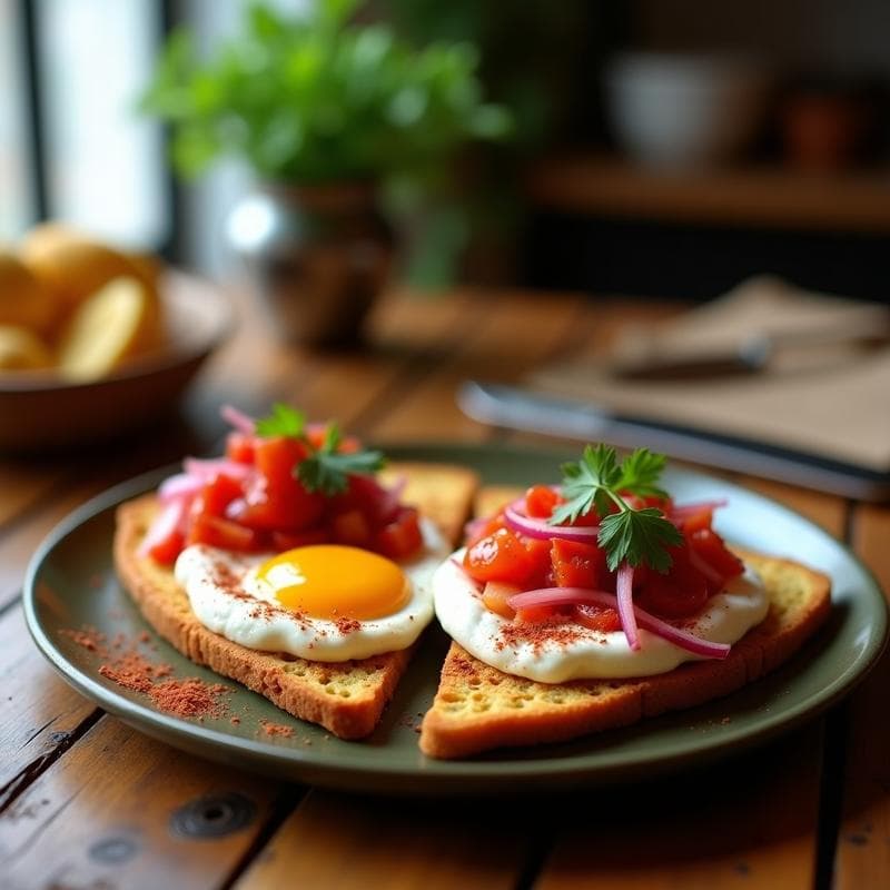 Tostadas de Pan de Injerra con Berbere y Huevo Poché: Desayuno Eritreo Alto en Proteína