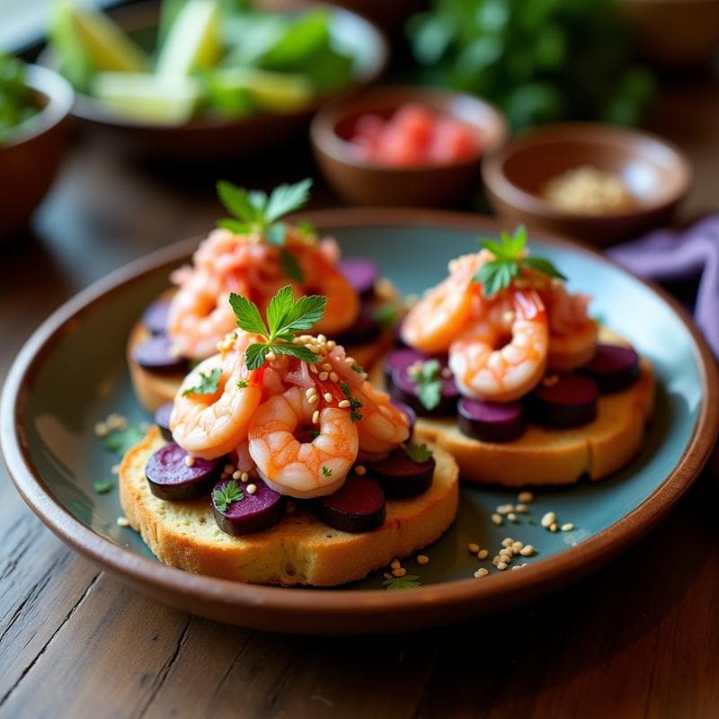 Tostadas de Pan de Maíz Azul con Ceviche de Camarón: Receta Peruana Crujiente y Fresca