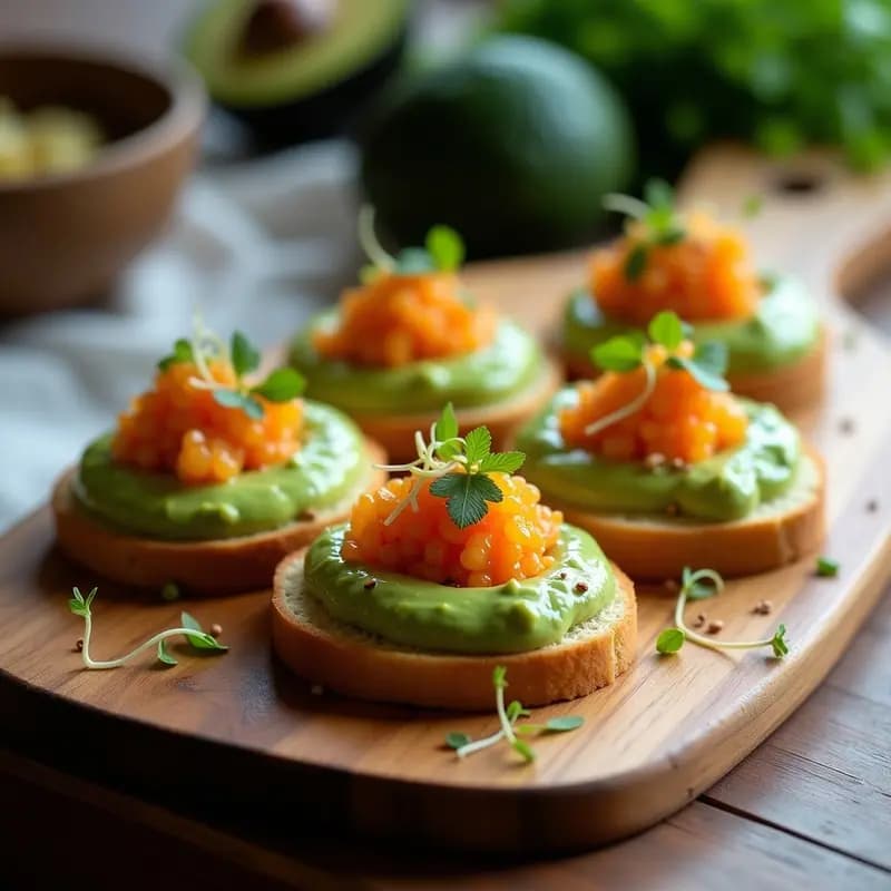 Tostadas de Pan de Maíz Azul con Crema de Aguacate y Huevas de Chontaduro: Entrante Colombiano Innovador