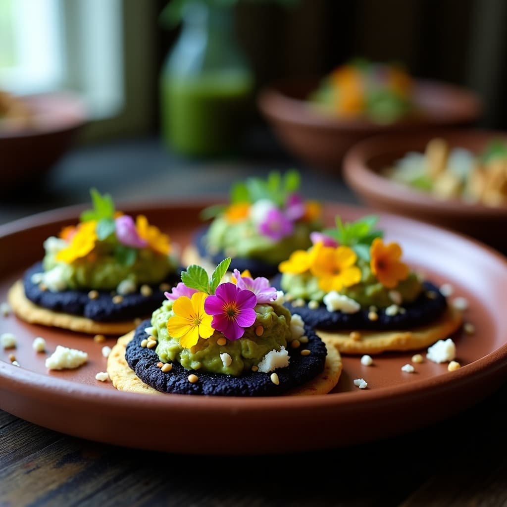 Tostadas de Maíz Azul con Guacamole de Aguacate Negro y Flores Comestibles: Receta mexicana gourmet