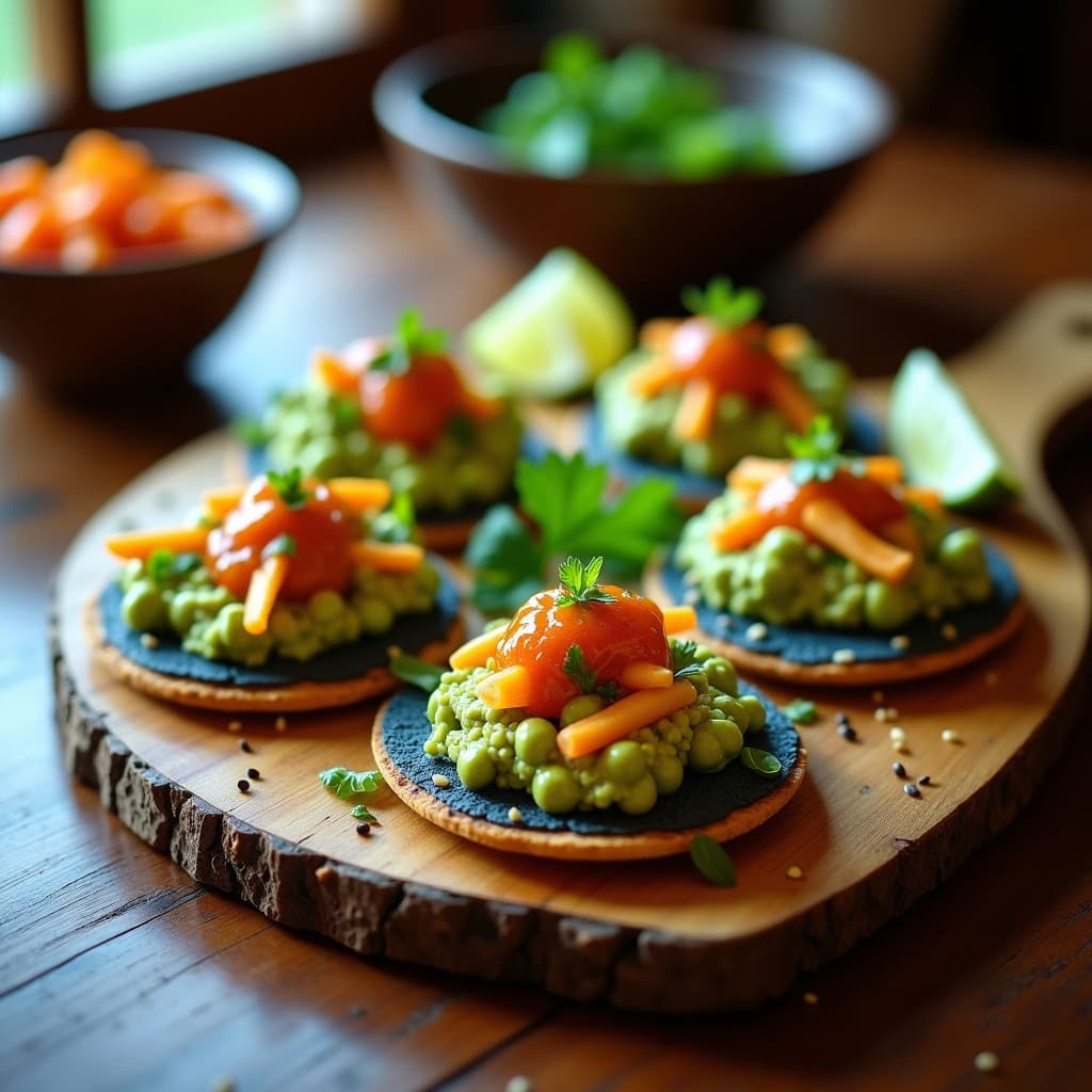 Tostadas de Pan de Maíz con Guacamole de Edamame y Salsa de Chile Habanero: Aperitivo Fusion
