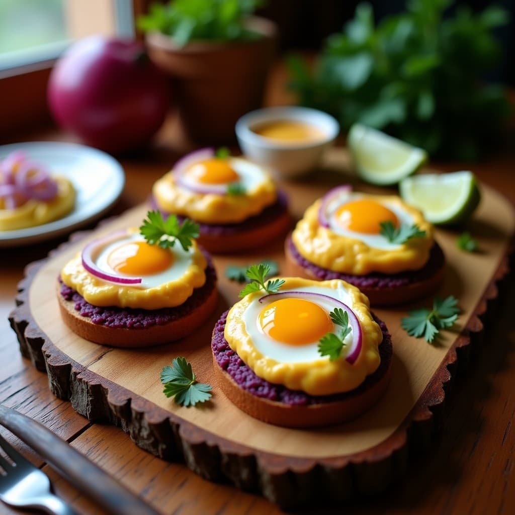 Tostadas de Pan de Maíz Morado con Huevo de Codorniz y Ají Amarillo: Desayuno Peruano Gourmet