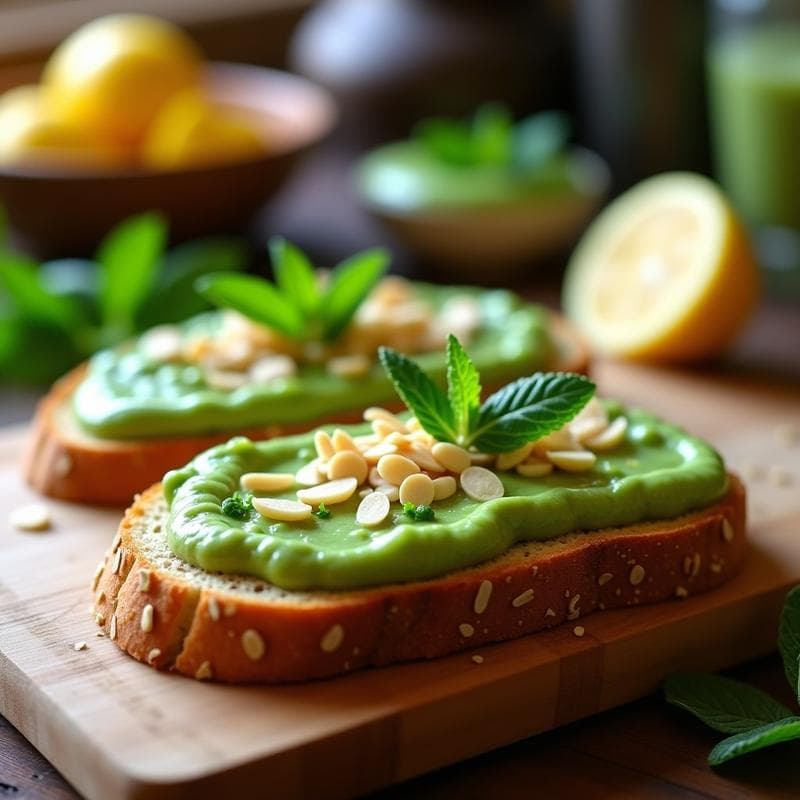Tostadas de Pan de Avena con Puré de Guisantitos y Mentolado de Hierbabuena