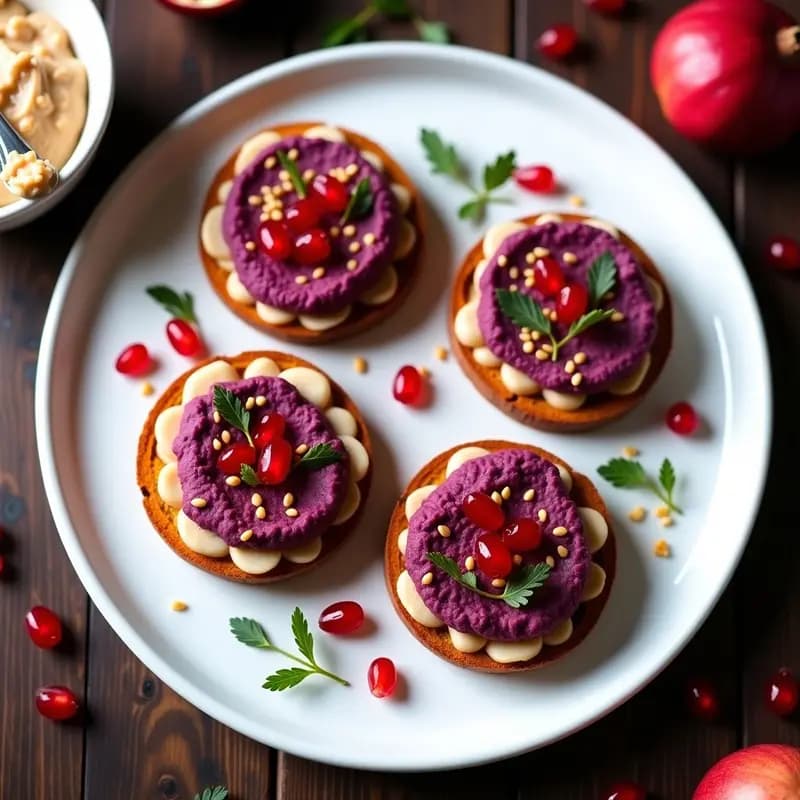 Tostadas de Pan de batata Morada con Paté de garbanzos y Granada: Aperitivo Visualmente Impactante