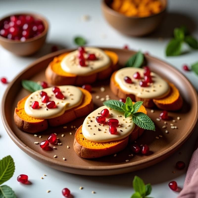 Tostadas de Pan de Batata con Crema de Tahini y Granada: Desayuno Vegano Sin Gluten