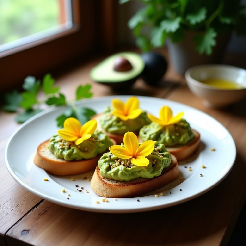 Tostadas de Pan de Castaña con Guacamole de Aguacate Hass y Flores de Calabacín: Desayuno Gourmet