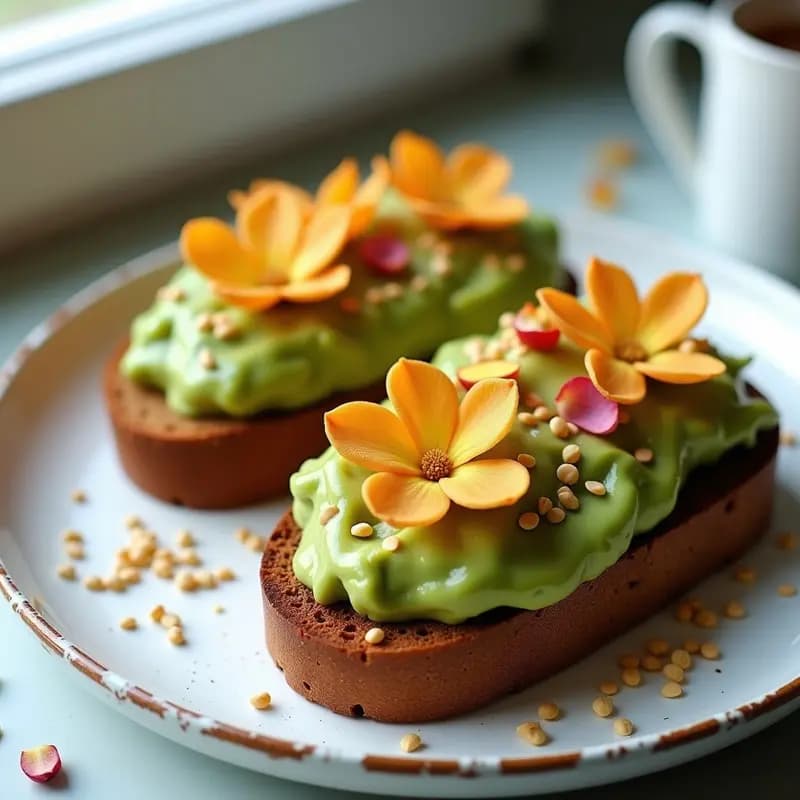 Tostadas de Pan de Centeno con Aguacate y Semillas de Sésamo Doradas en Forma de Flores