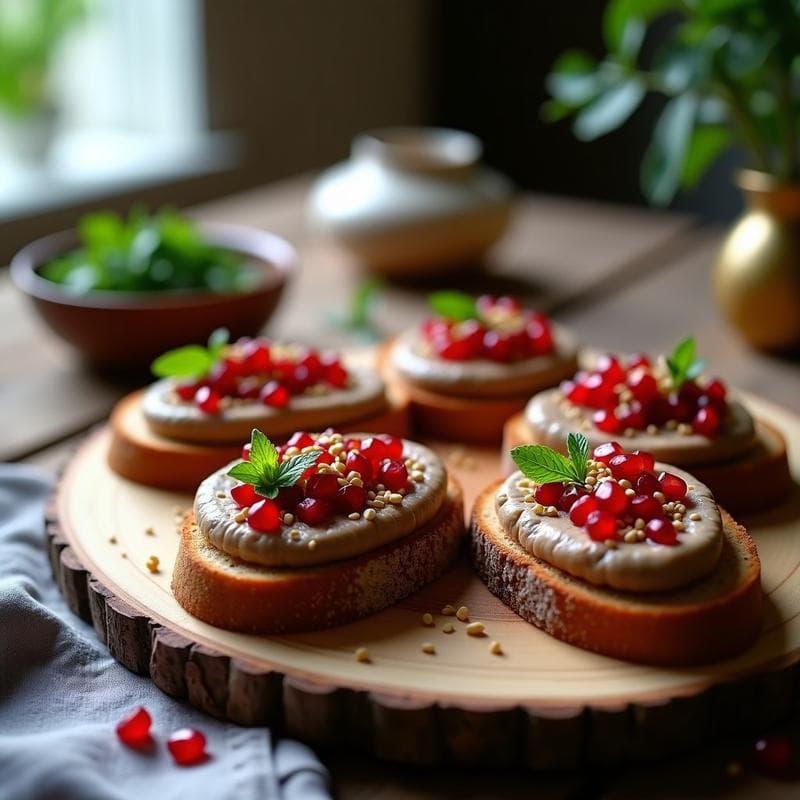 Tostadas de Pan de Centeno con Puré de Berenjena y Granada: Aperitivo Persa