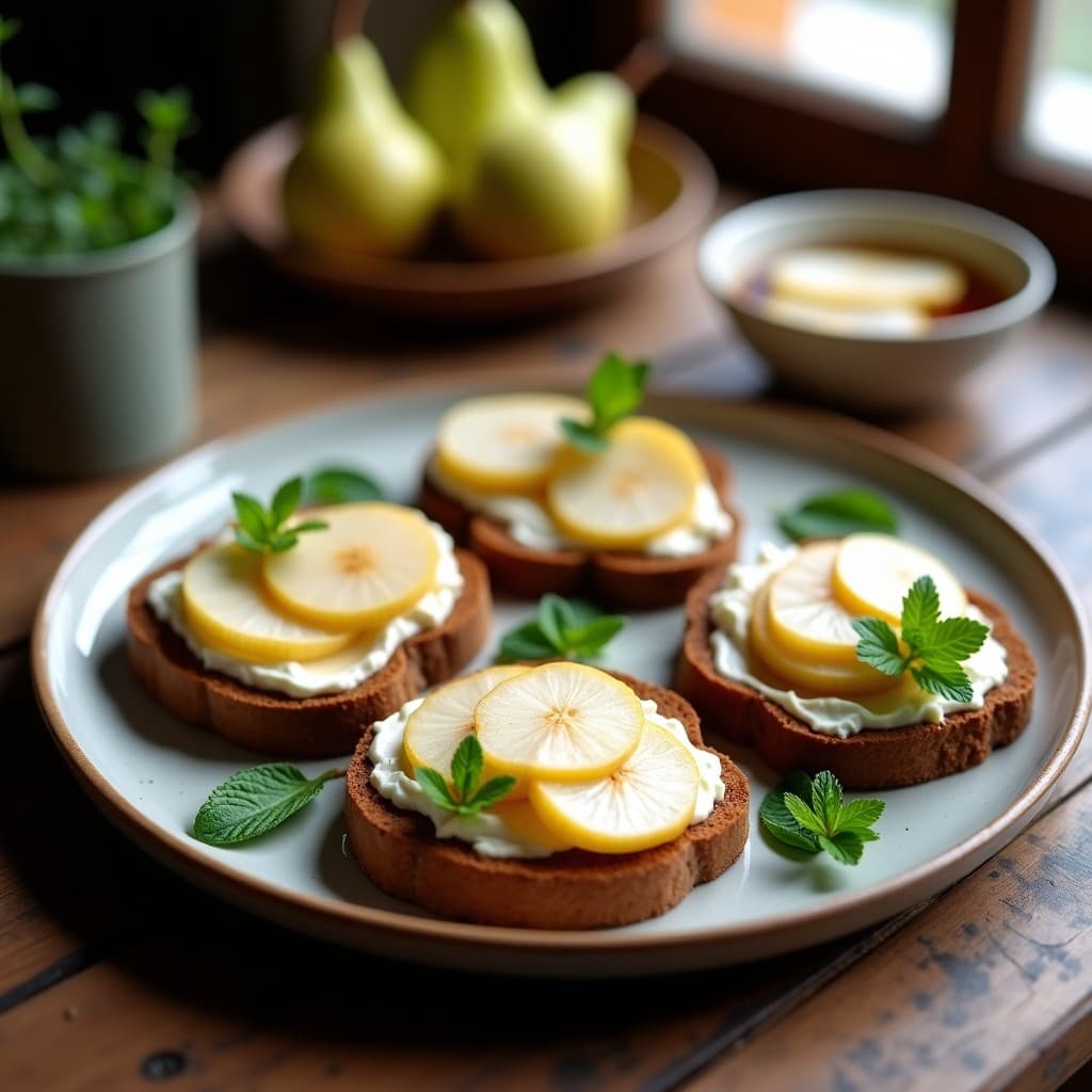 Tostadas de Pan de Centeno con Crema de Almendras y Rodajas de Peras al Vino: Entrante Danés