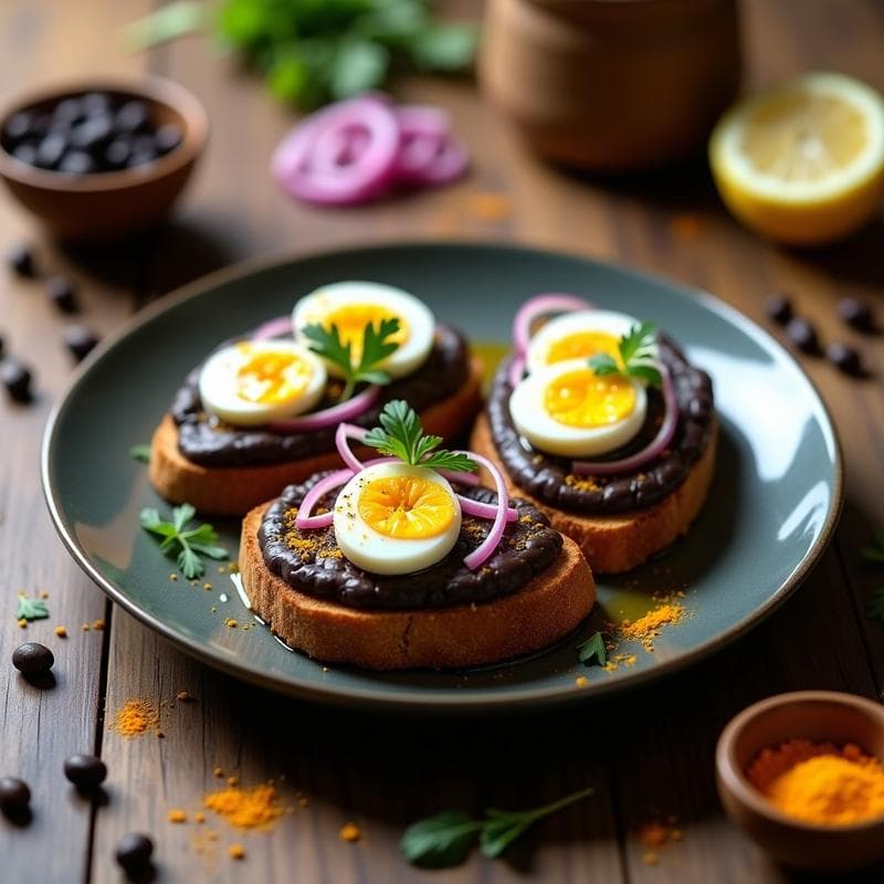 Tostadas de Pan de Centeno con Crema de Alubias Negras y Huevo Escabechado: Desayuno Peruano Alto en Proteína