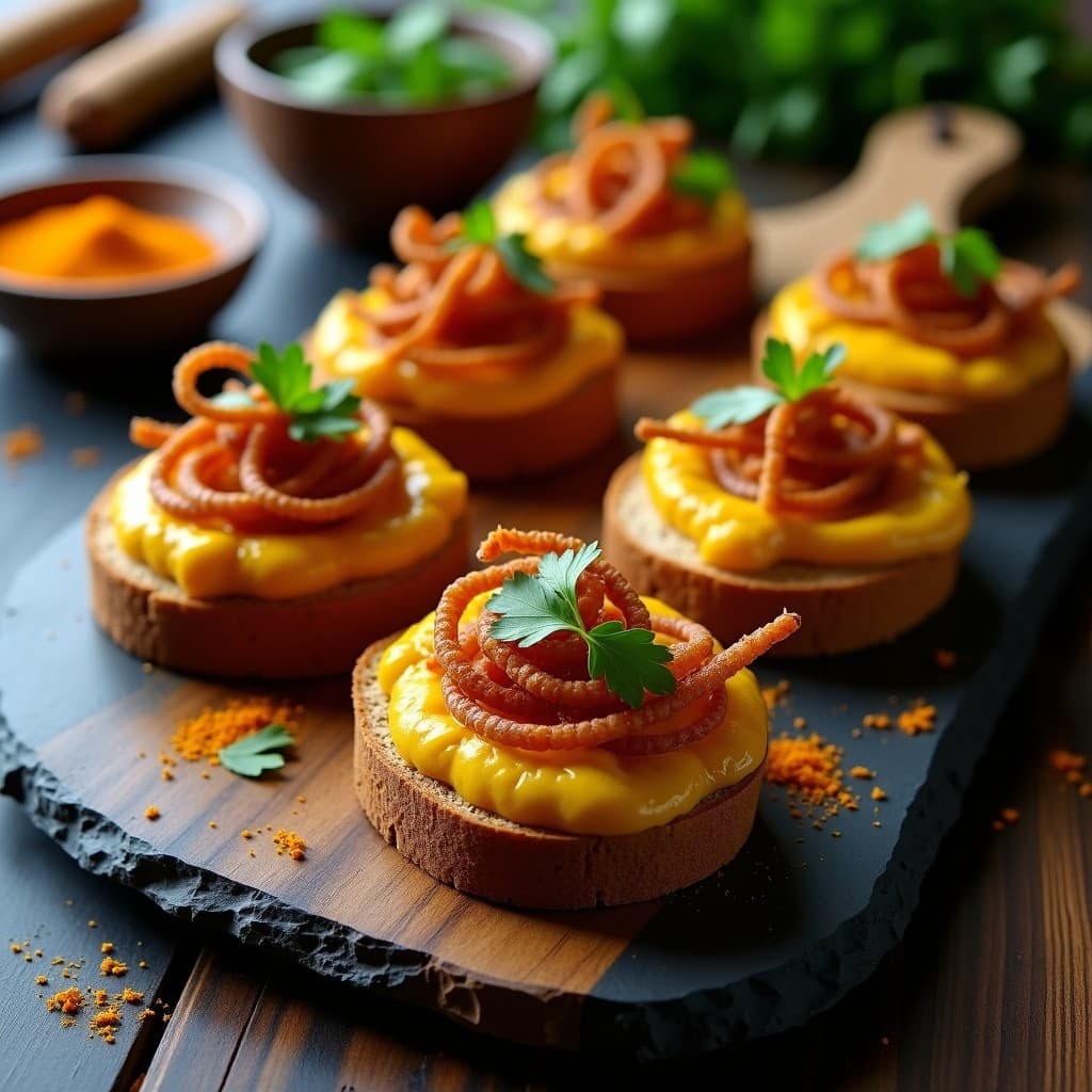 Tostadas de Pan de Centeno con Crema de Dahl y Crujiente de Cebolla: Aperitivo Indio Sin Gluten
