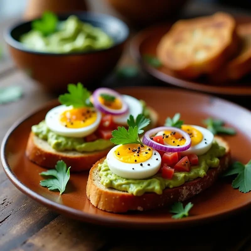 Tostadas de Pan de Centeno con Puré de Guacamole y Huevos Escabechados: Desayuno Mexicano Keto