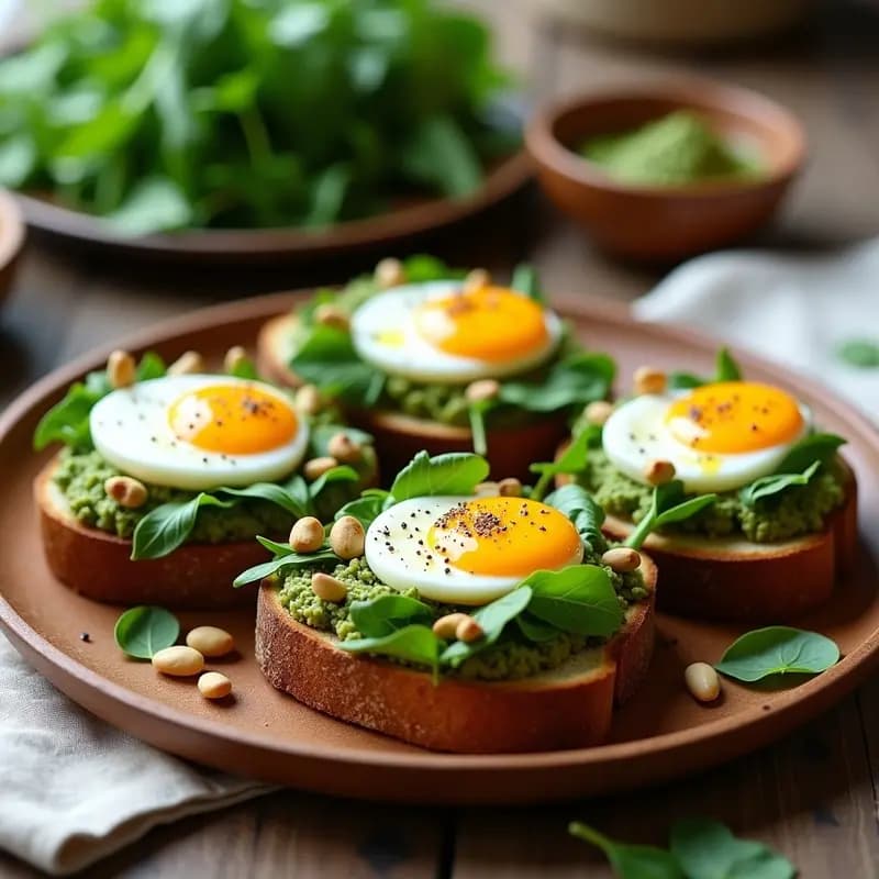 Tostadas de Pan de Centeno con Huevo de Codorniz y Pesto de Rúcula: Desayuno Italiano Proteico