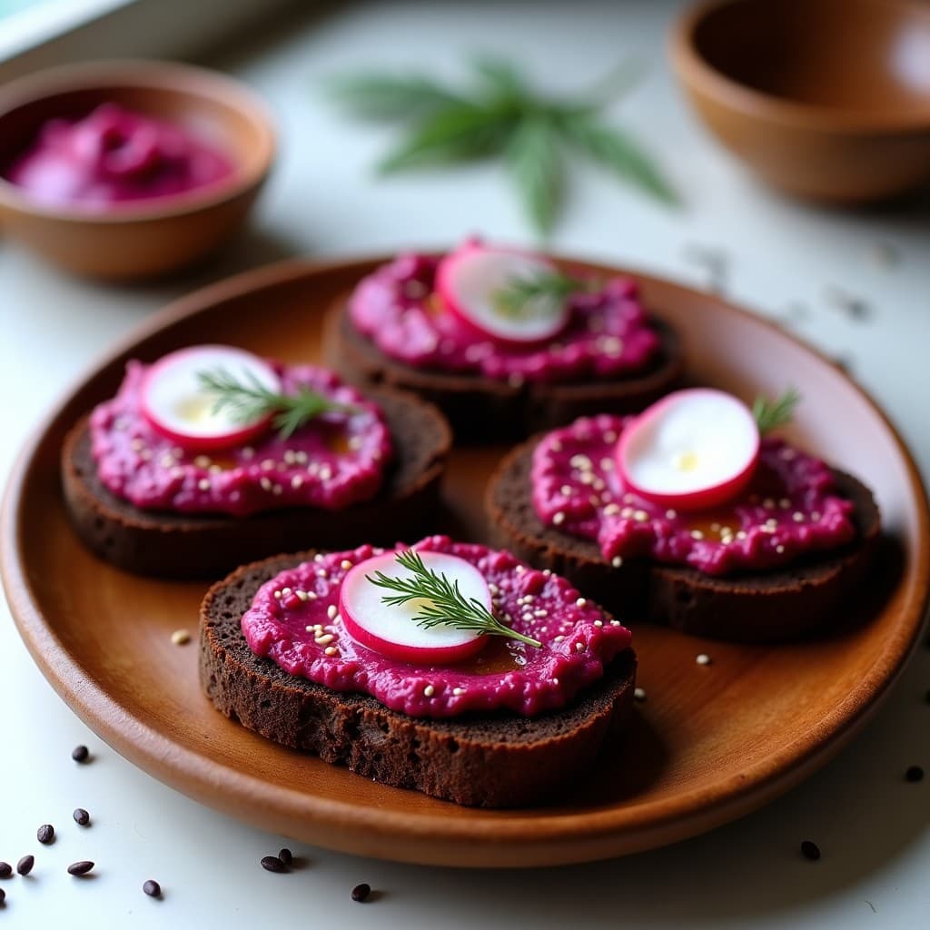 Tostadas de Pan de Centeno con Paté de Remolacha y Rábano Negro: Desayuno Europeo Sin Gluten