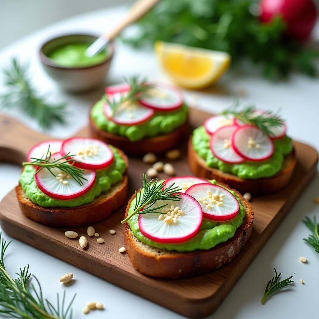Tostadas de Pan de Centeno con Puré de Guisantes y Rabanitos: Receta Nórdica Vegana en 5 Minutos