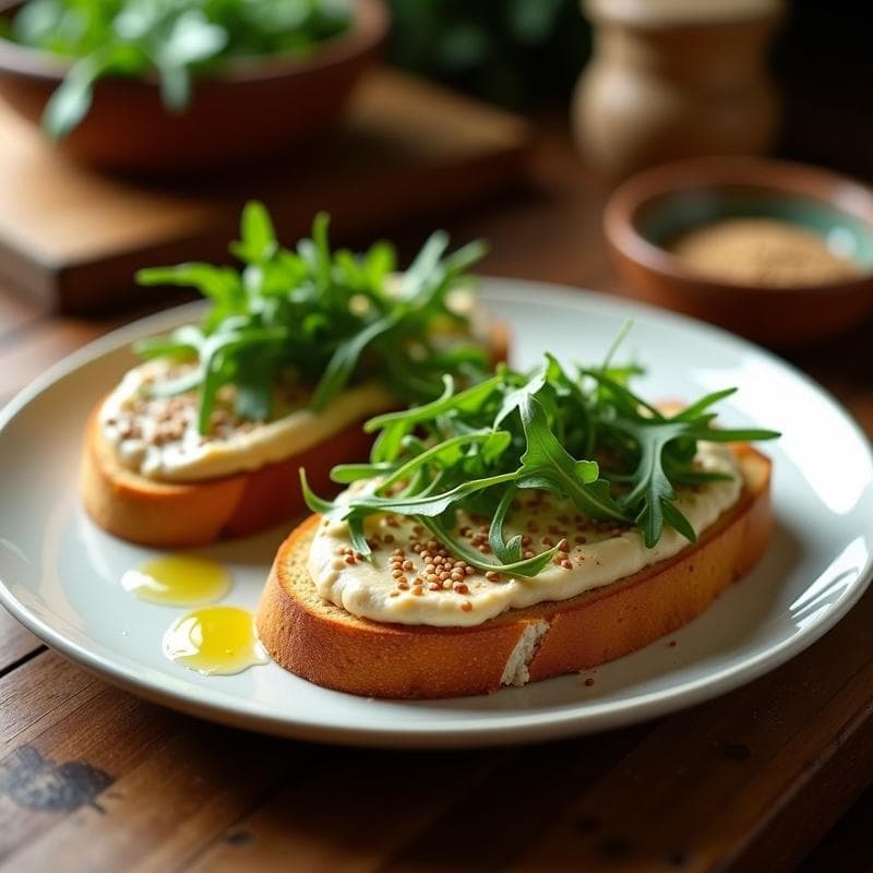 Tostadas de Pan de Centeno con Puré de Habas y Rúcula: Receta Árabe Rápida
