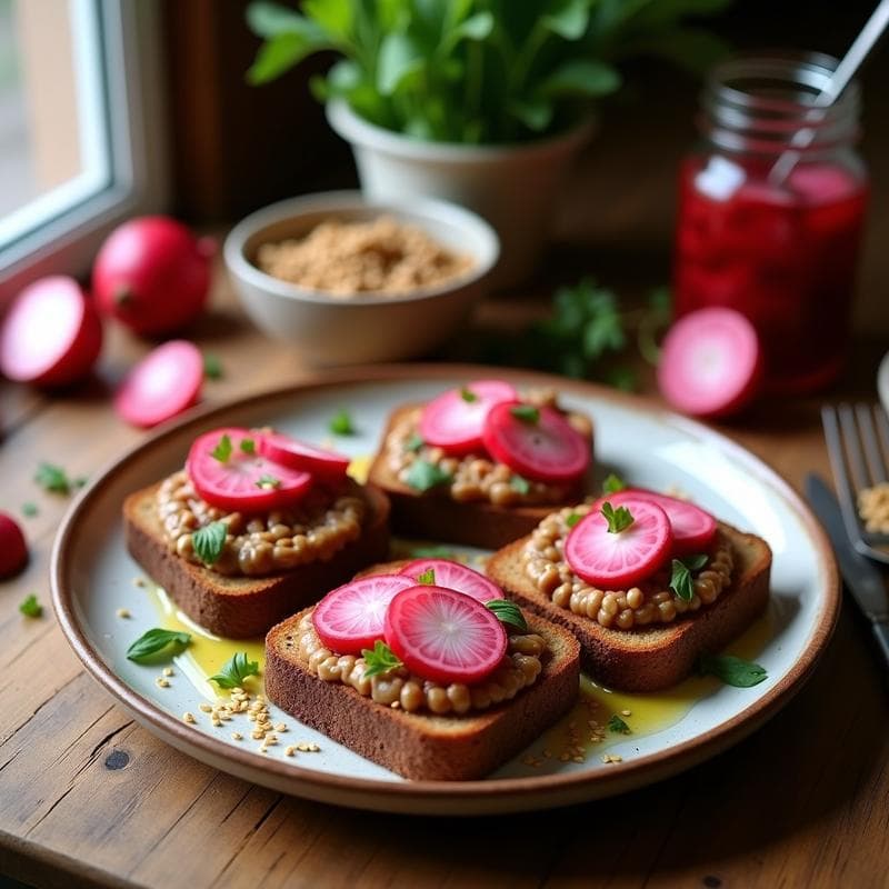 Tostadas de Pan de Centeo con Puré de Lentejas y Rábanos Encurtidos: Desayuno Vegano y Crujiente