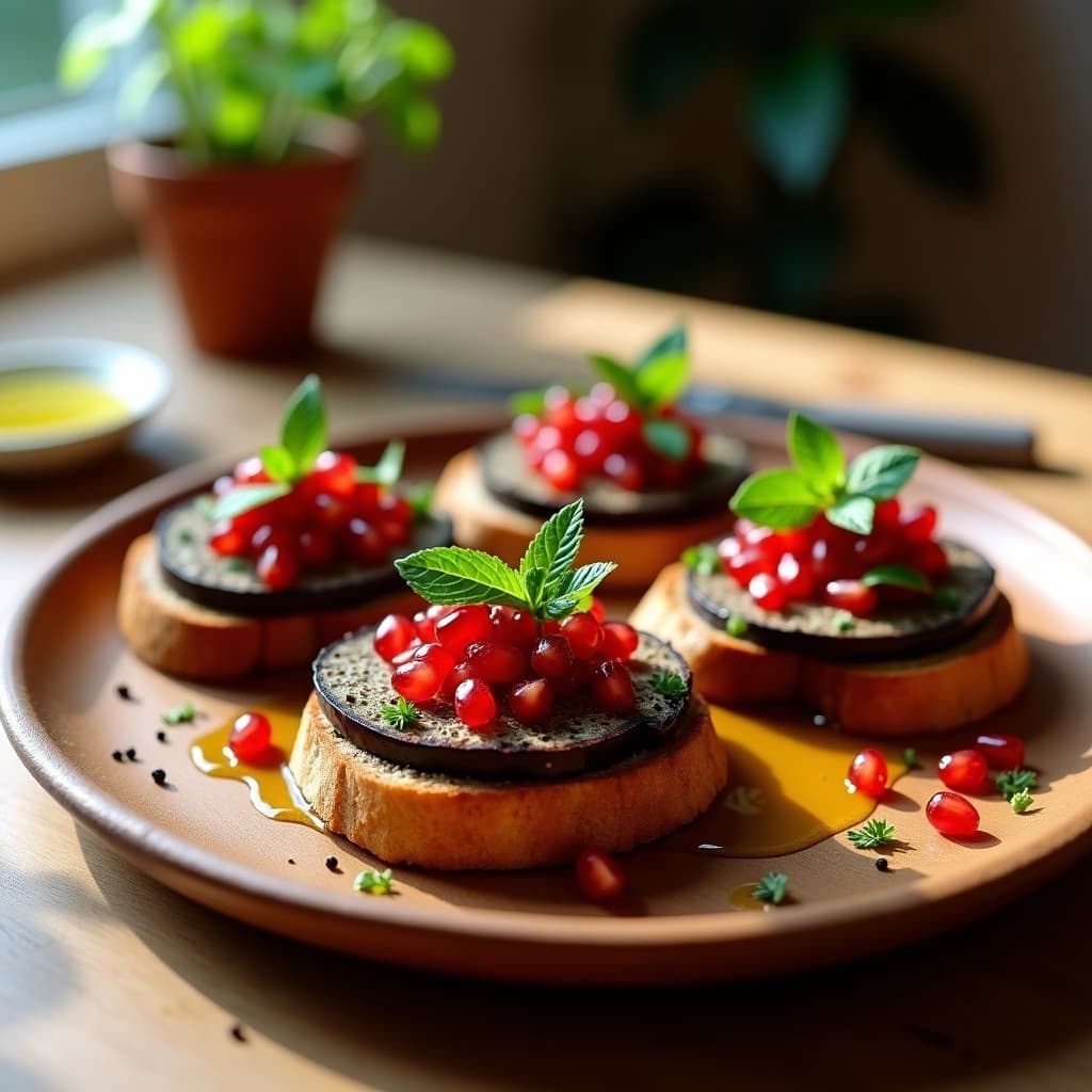 Tostadas de Pan de Chía con Puré de Berenjena Asada y Granados: Desayuno Sin Gluten y Rápido