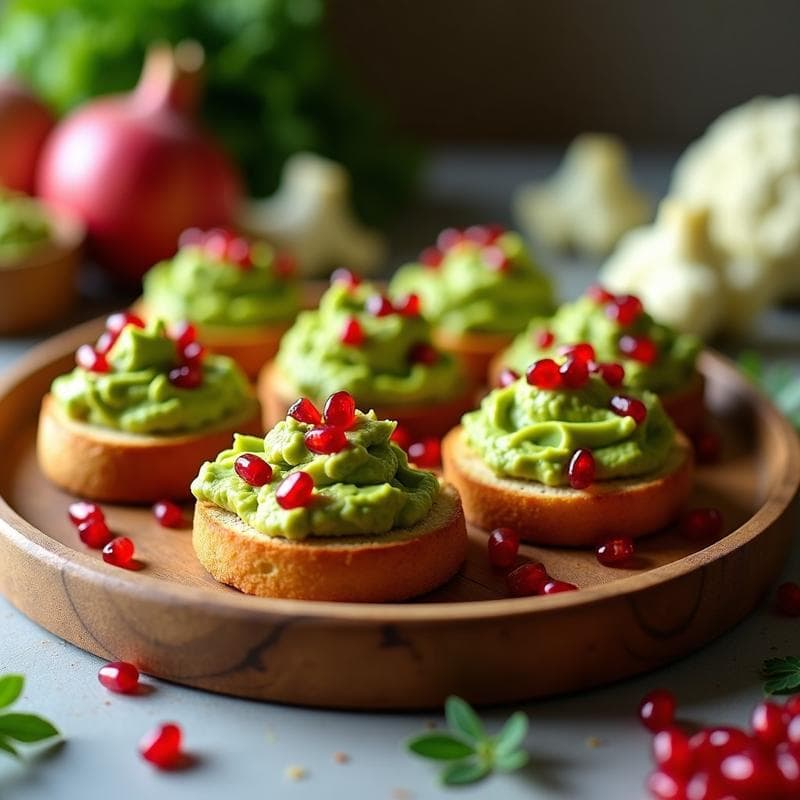 Tostadas de Pan de Coliflor con Guacamole de Edamame y Granados: Aperitivo Keto Crujiente