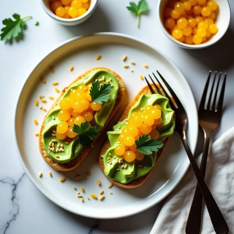Tostadas de Pan de Cristal con Aguacate y Caviar de Mango: Desayuno Instagramable en 5 Minutos