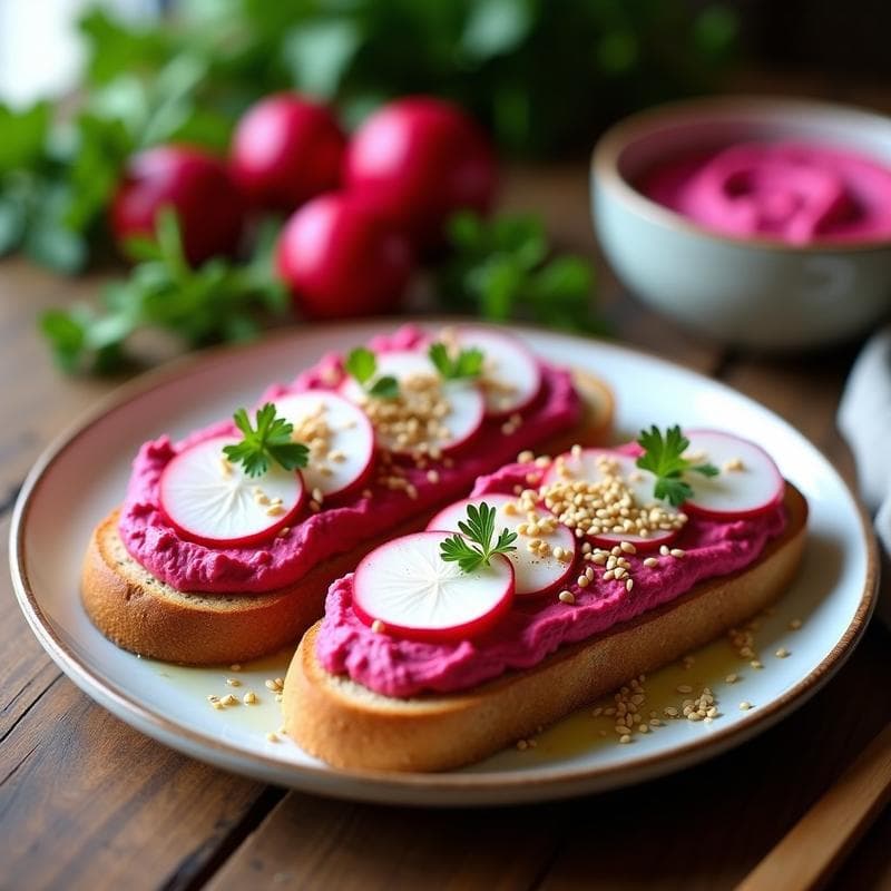 Tostadas de Pan de Espelta con Hummus de Betabel y Rábanos: Desayuno Colorido y Sin Lactosa