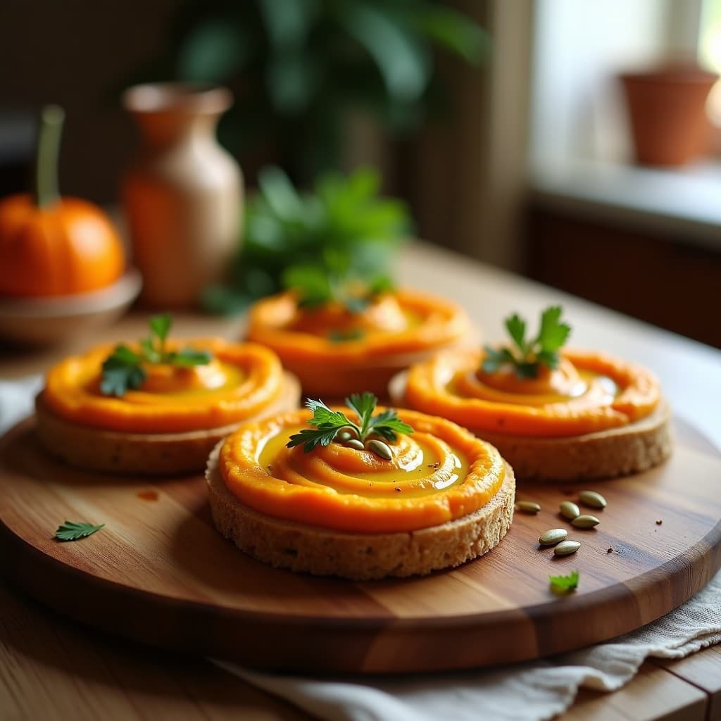 Tostadas de Pan de Trigo Espelta con Hummus de Zapallo y Semillas de Calabaza