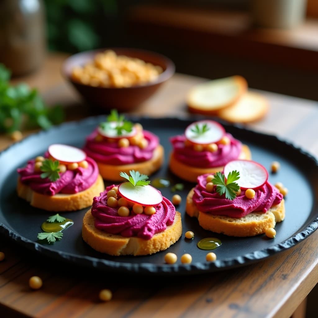 Tostadas de Pan de Garbanzo con Hummus de Betabel y Rábanos: Aperitivo Globo-Trotter