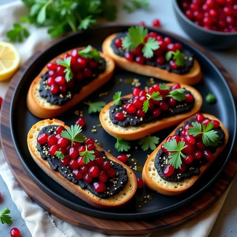 Tostadas de Pan de Insectos con Hummus de Garbanzos Negros y Caviar de Berenjena