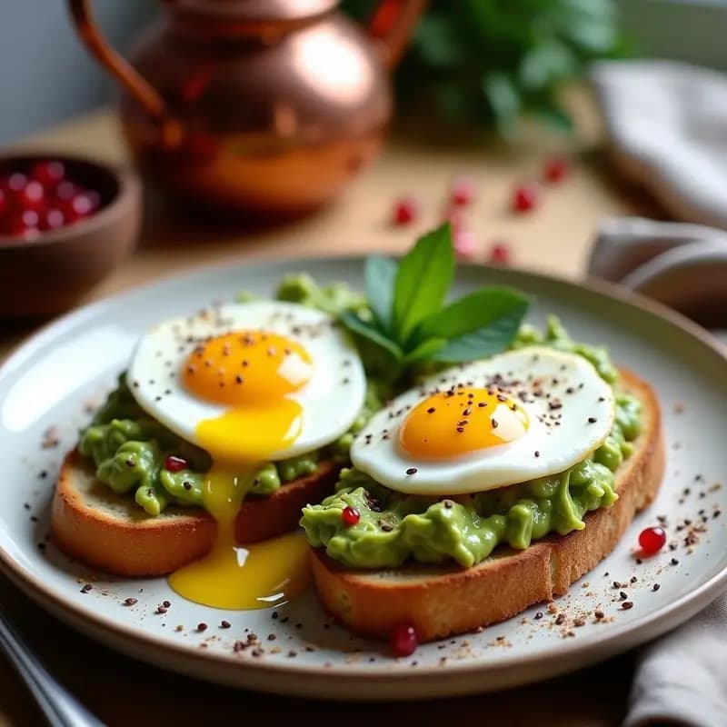 Tostadas de Pan de Trigo Khorfan con Avocado y Huevos Poché: Desayuno Iraní Alta en Proteína