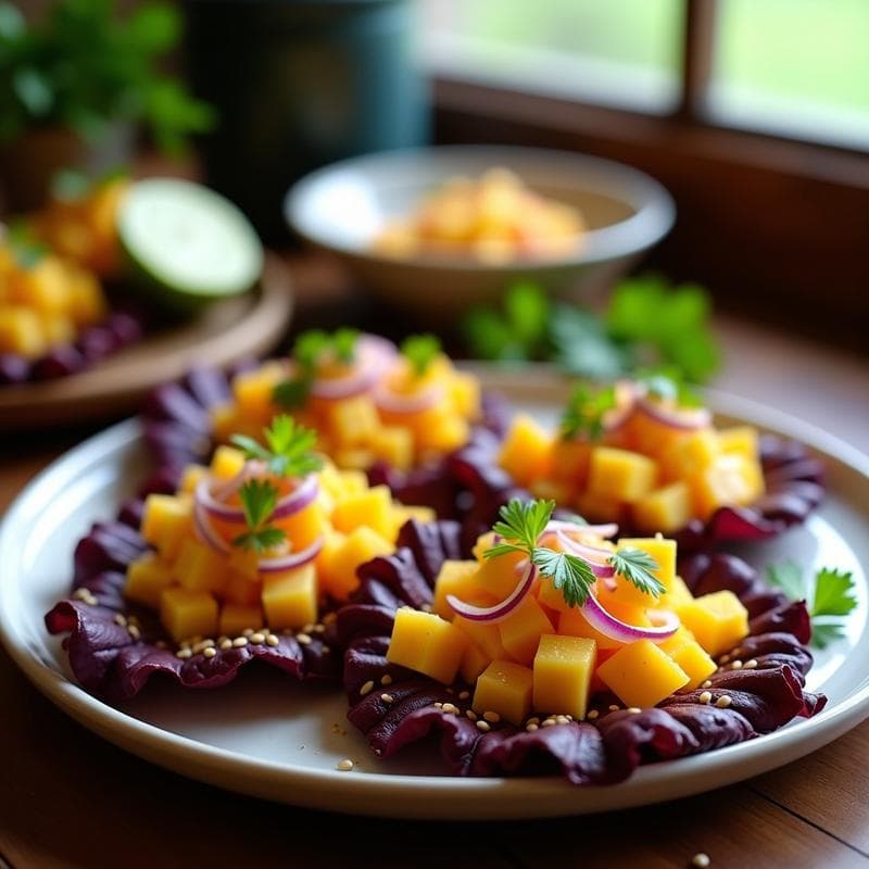 Tostadas de Pan de Maíz Azul con Ceviche de Mango: Aperitivo Peruano Sin Gluten