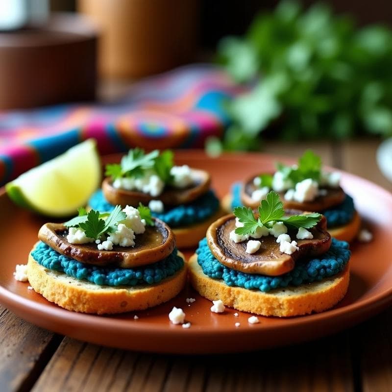 Tostadas de Pan de Maíz Azul con Champiñones al Ajillo: Receta mexicana keto en 10 minutos